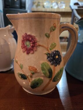 Hand-Painted Floral Ceramic Pitcher - Pink & Blue